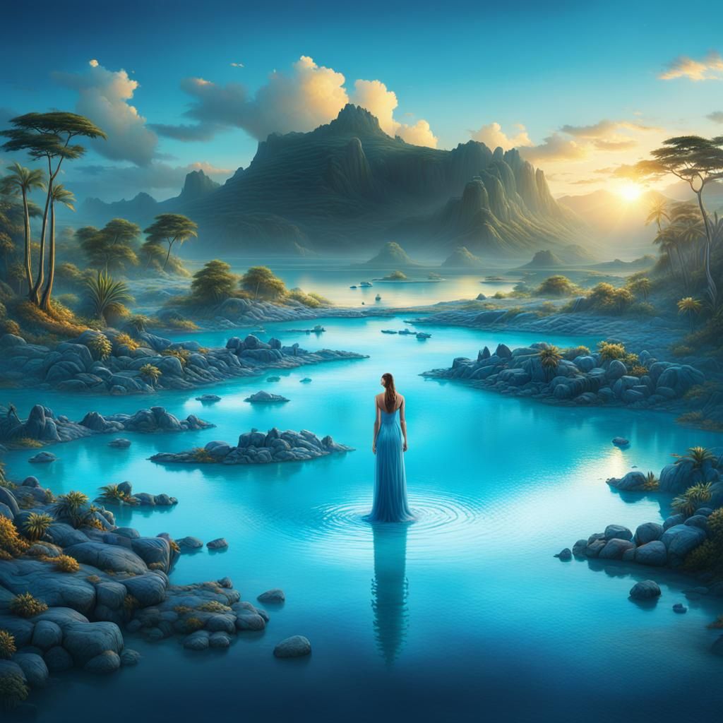 Elegant Woman Emerges from Blue Lagoon at Sunrise