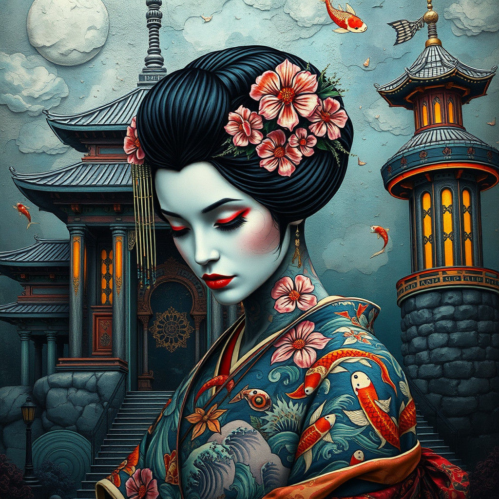 Tattooed Geisha in Surrealist Temple: Mystical Art Deco