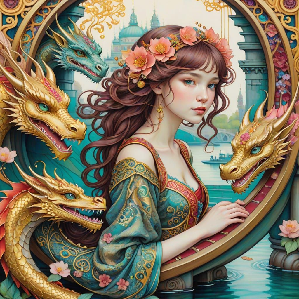 Vibrant Art Nouveau Dragons on a Venetian Bridge