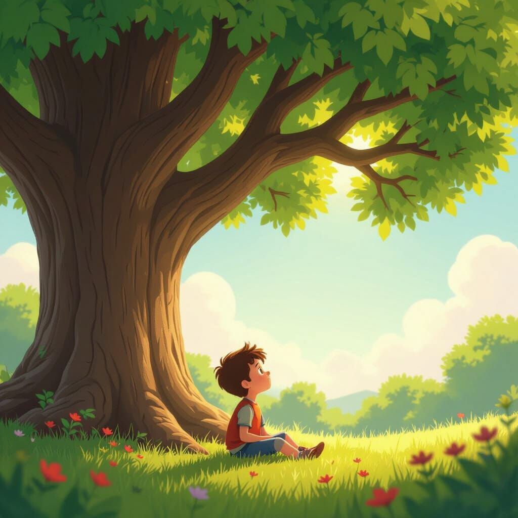 Boy's Friendship with Tree in Pixar 3D Animation Style