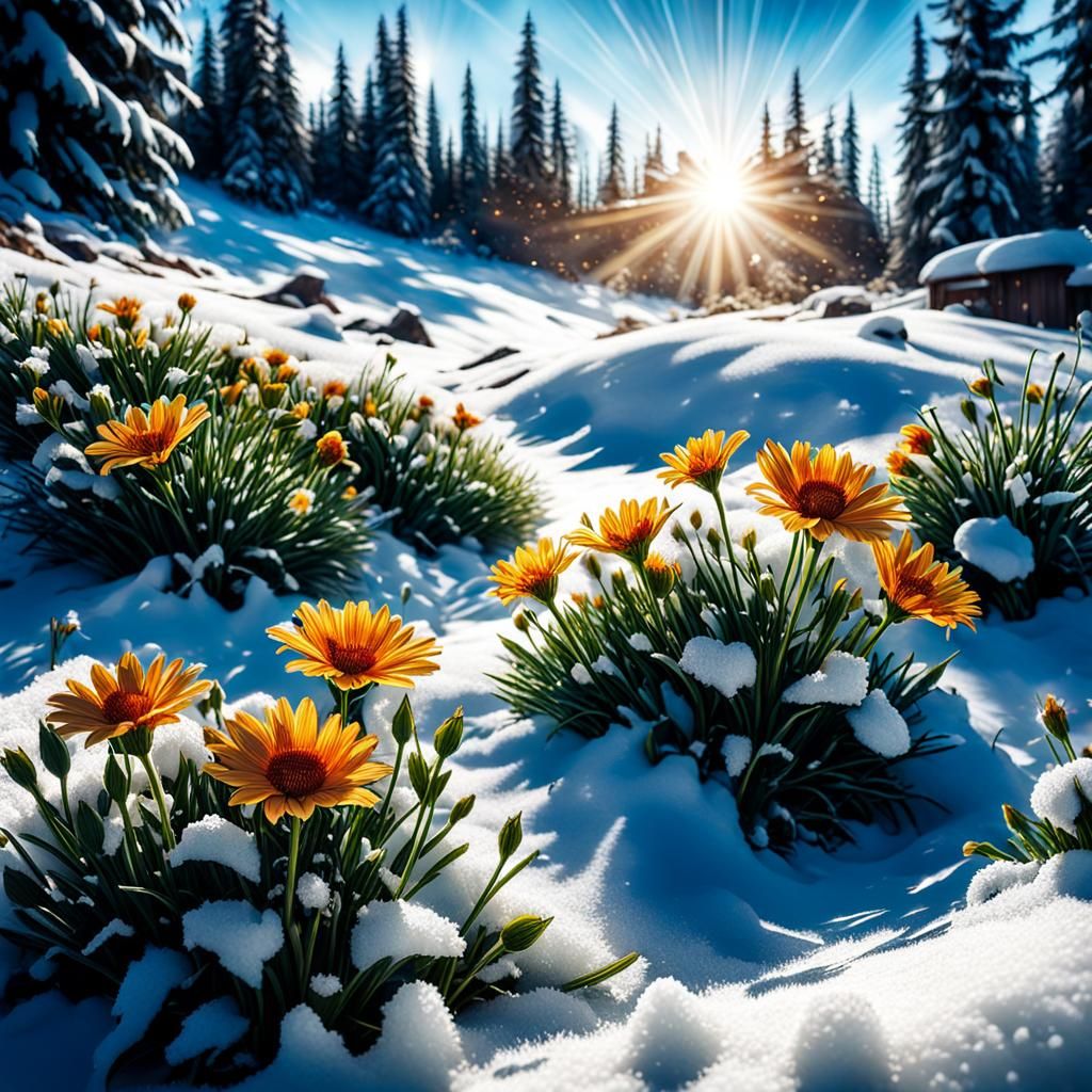 Flowers Bloom in Sunlight Through Snow