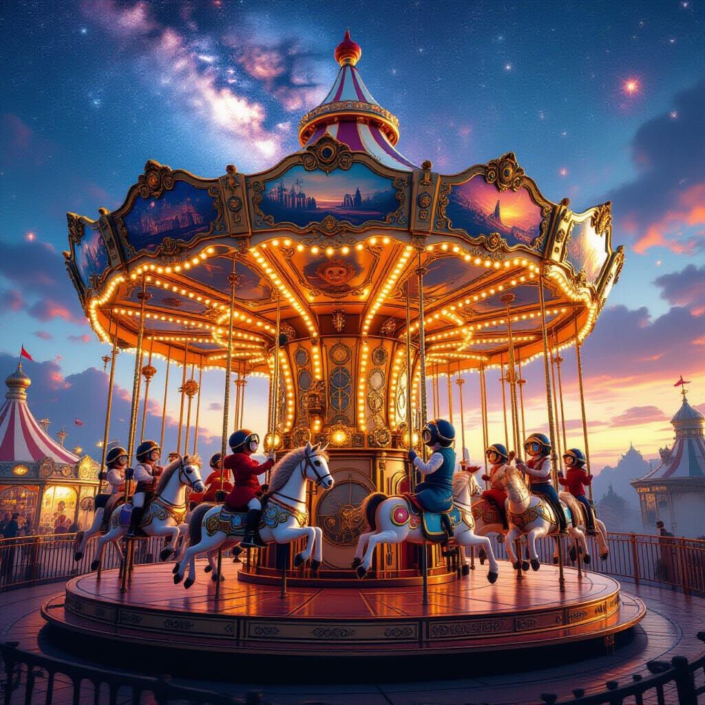 Steampunk Carousel at Cosmic Carnival with Retro Children