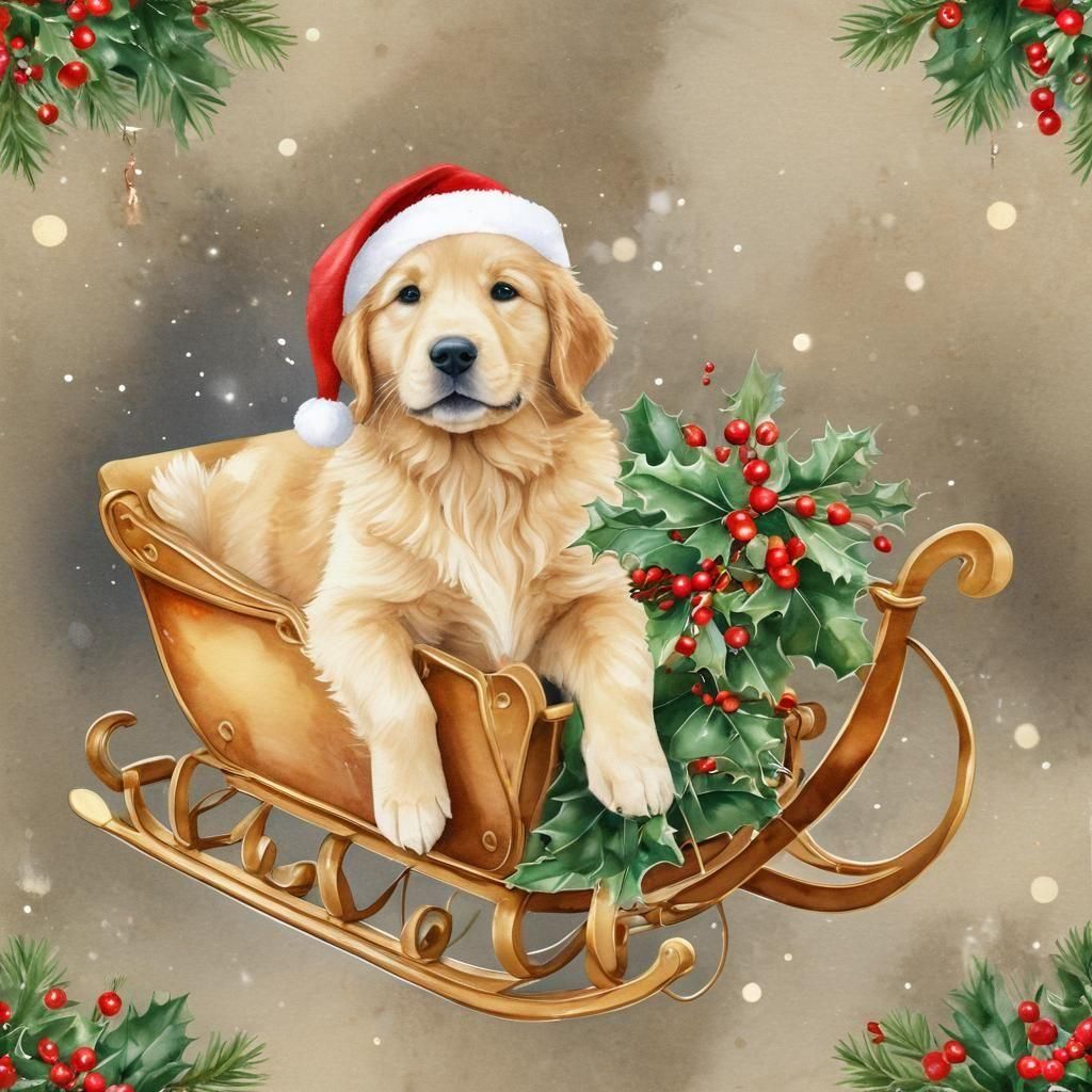 Happy Golden Retriever Puppy in Christmas Sleigh