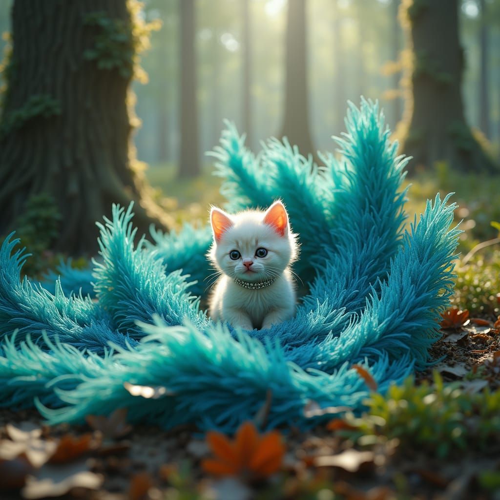 Kitten Plays in Feather Pile: Fantasy Concept Art
