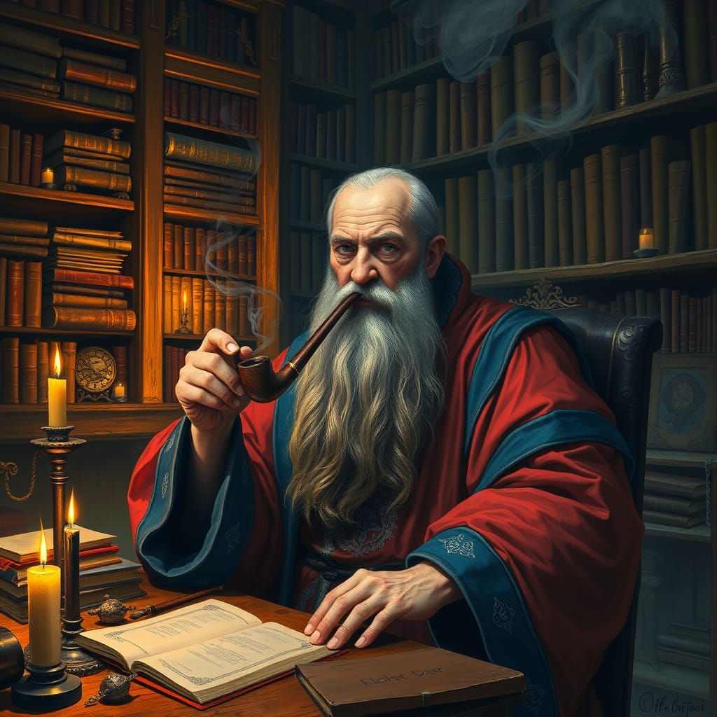 Venerable Wizard Studies by Candlelight in a Cluttered Study
