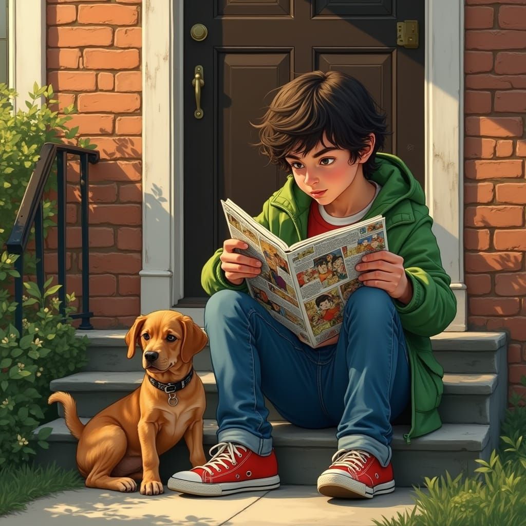 Boy Reading Comics: Hyper-Realistic Street Scene