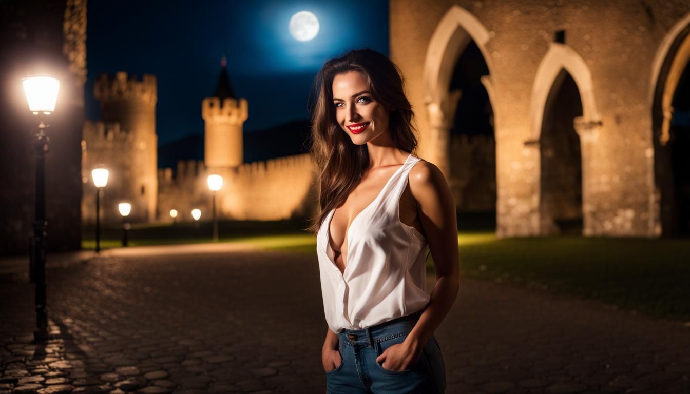Italian Woman by Castle in Moonlight: Professional Photograp...