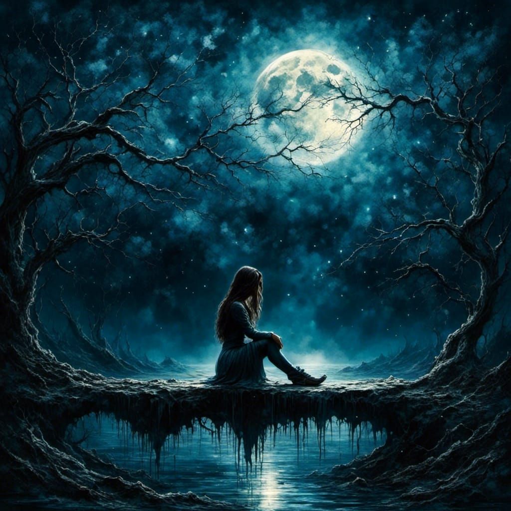 Lonesome Girl on Bench Under Moonlight