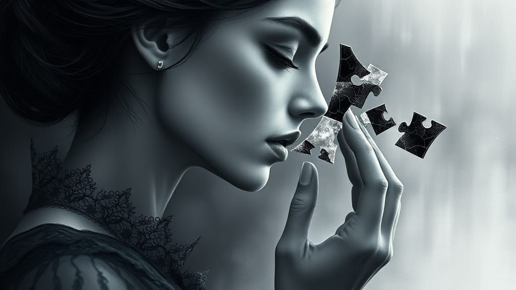 Surreal Woman in Shattered Profile, Dreamlike Textures and H...