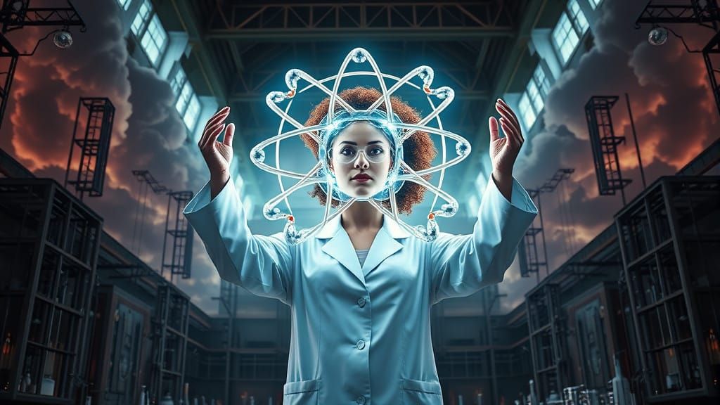 Scientist Triumphs with Glowing Cesium Atom Model in Gothic...