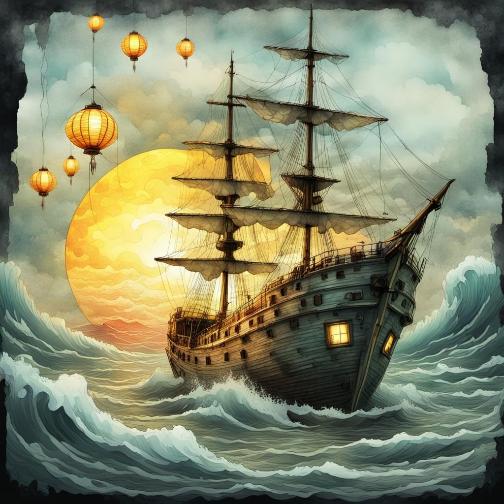 Ghost Ship on Glitched Seas: Comic Illustration