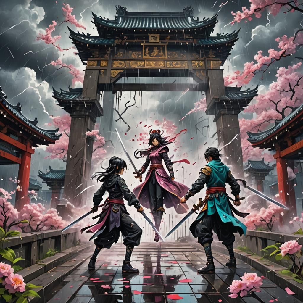 Anime Battle in Blossom Temple: Graffiti Art Style