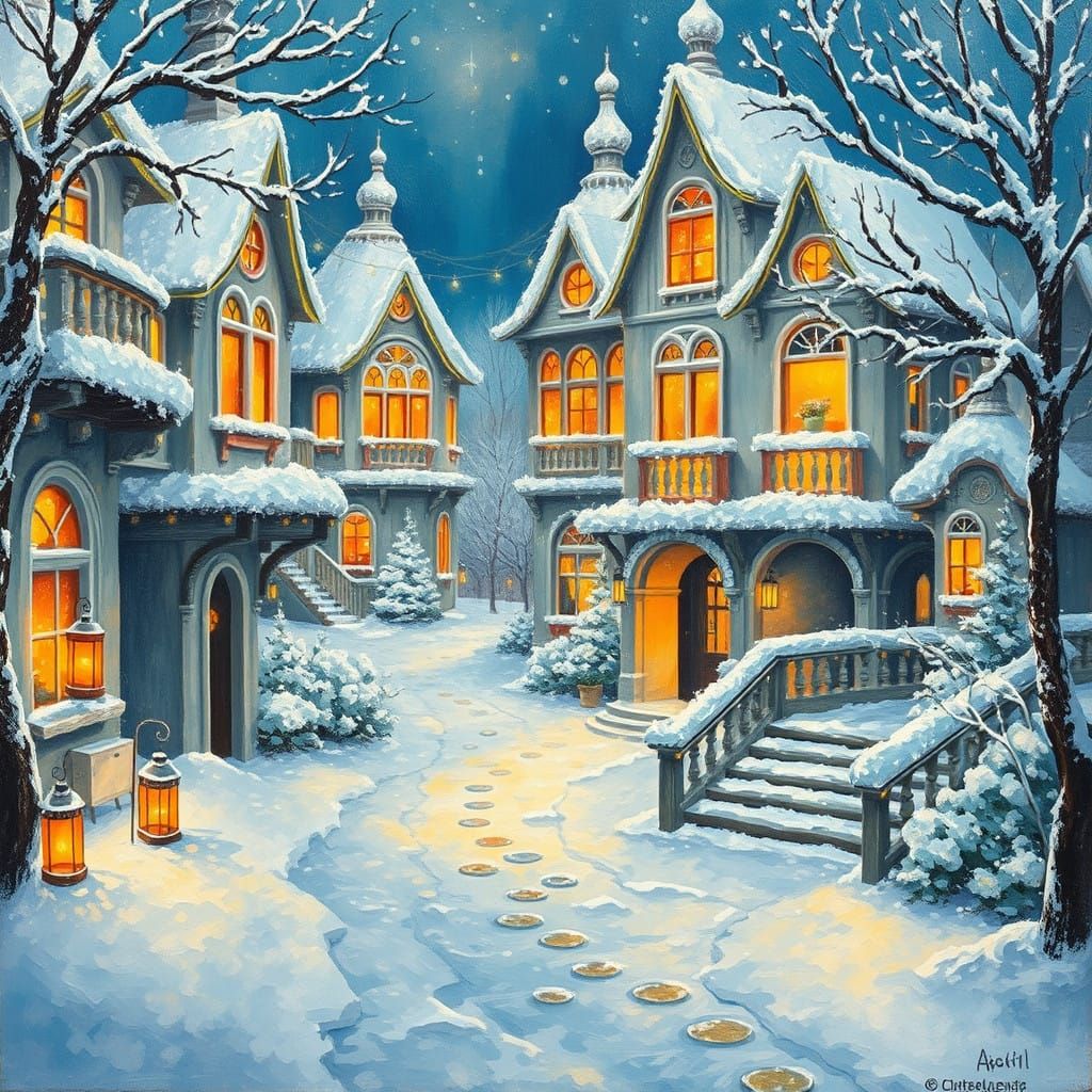 Frosted Winter Wonderland in Warm Neo-Impressionist Style