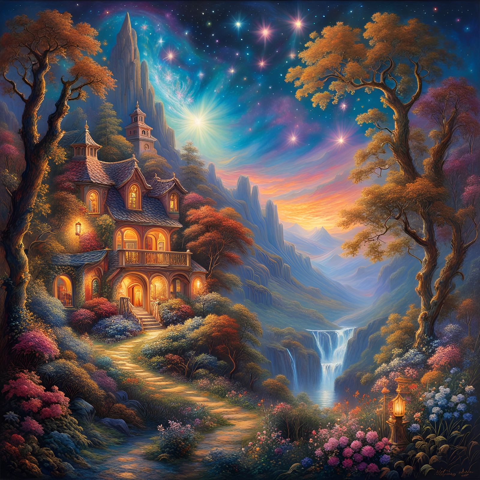 Celestial House on Hill in Polychromatic Colors