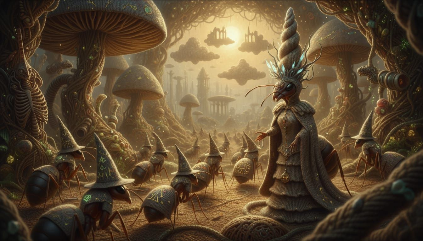 Enchanted Realm of Knitted Ants in Golden Light