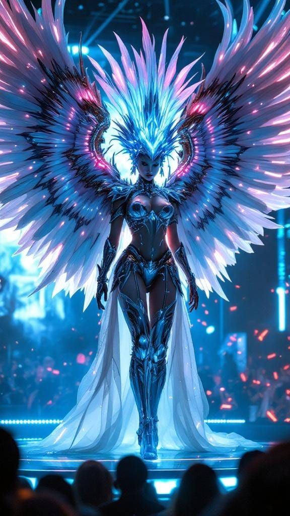 Cyberpunk Valkyrie Showgirl with Neon Headdress