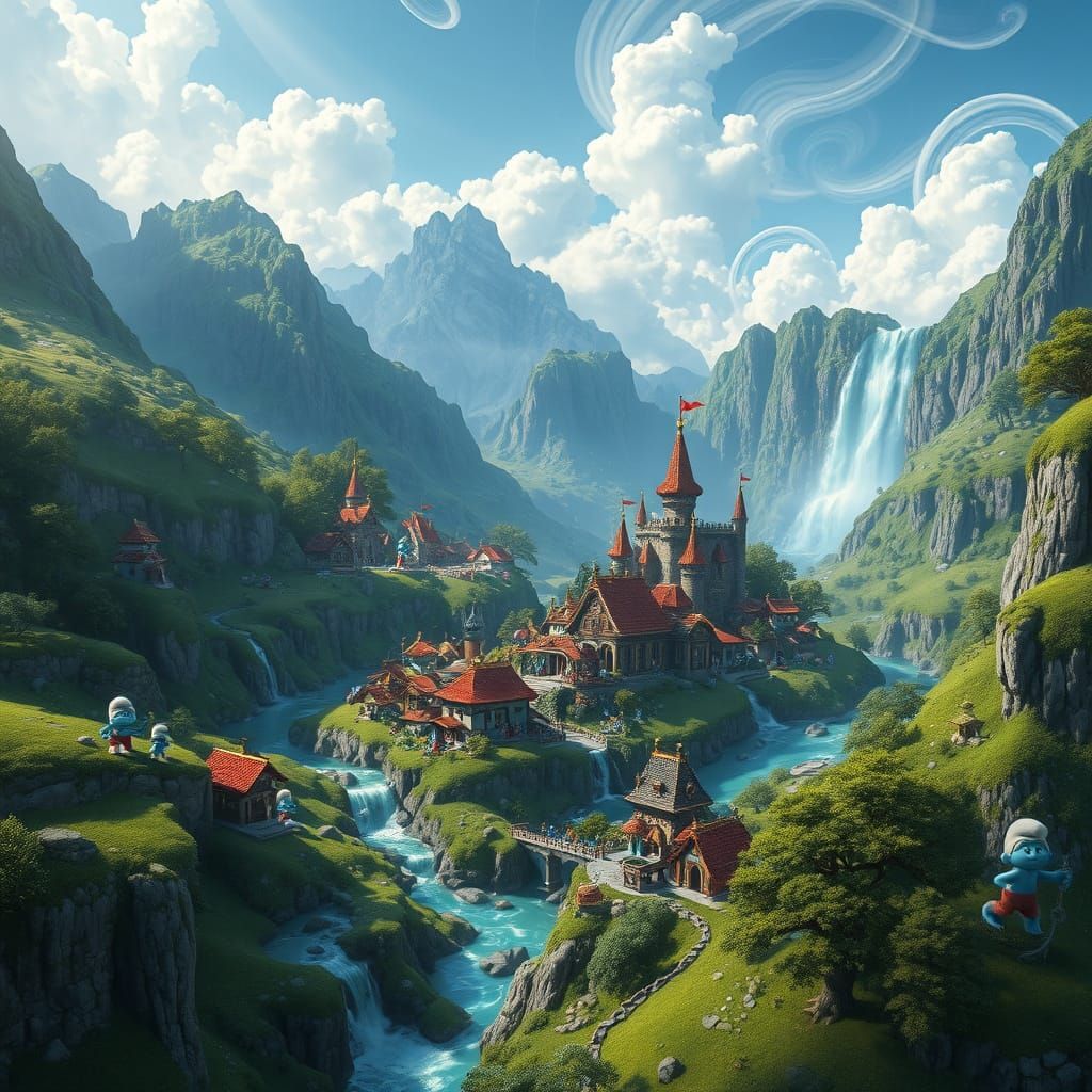 Surreal Fantasy Village in Lush Emerald Valley