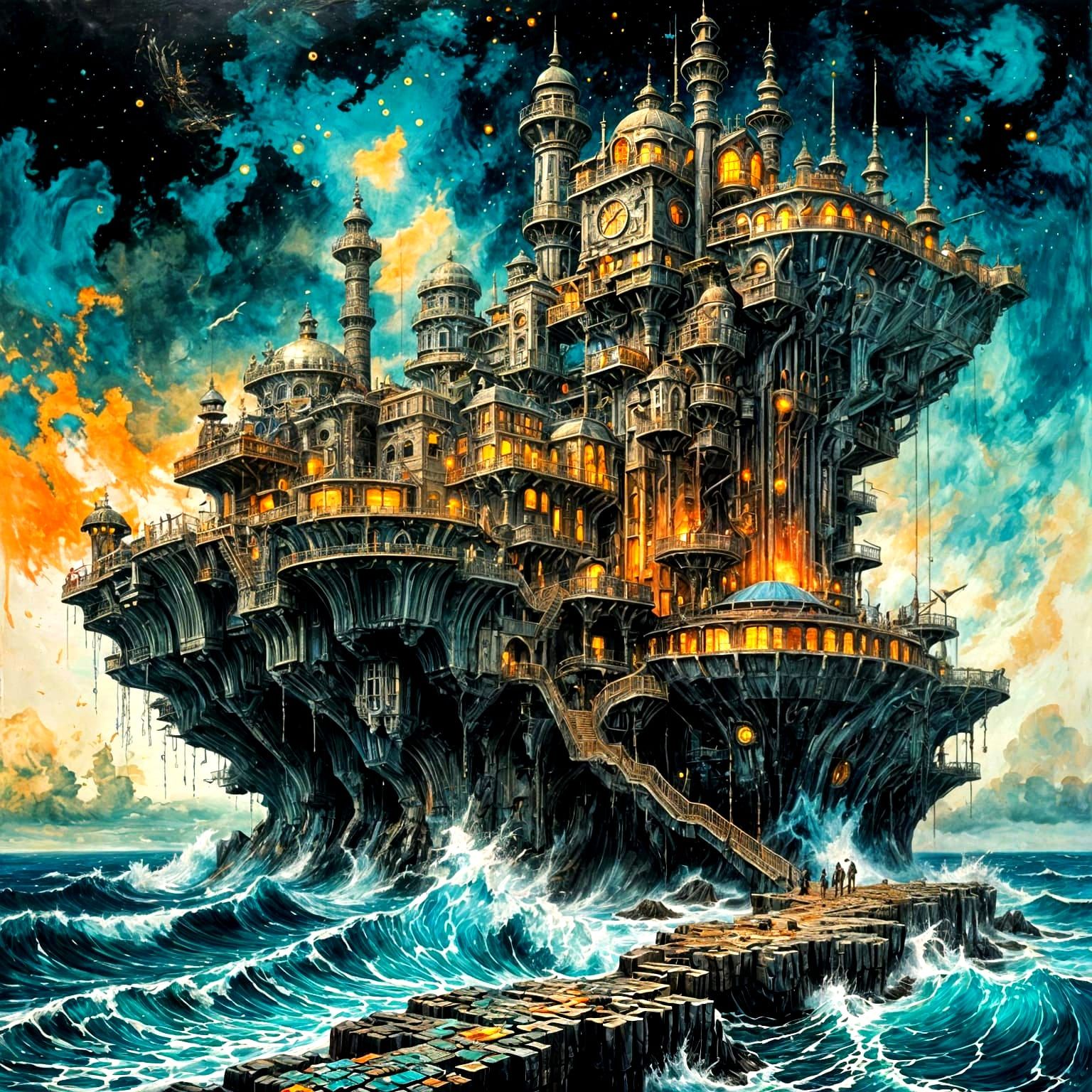 Galactic Steampunk Oasis Floating Amidst the Ocean