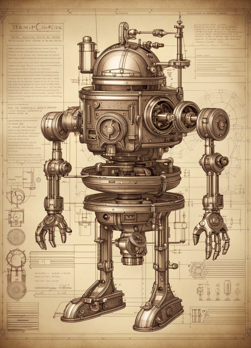 Steampunk Cooking Robot Blueprint: Leonardo da Vinci Style