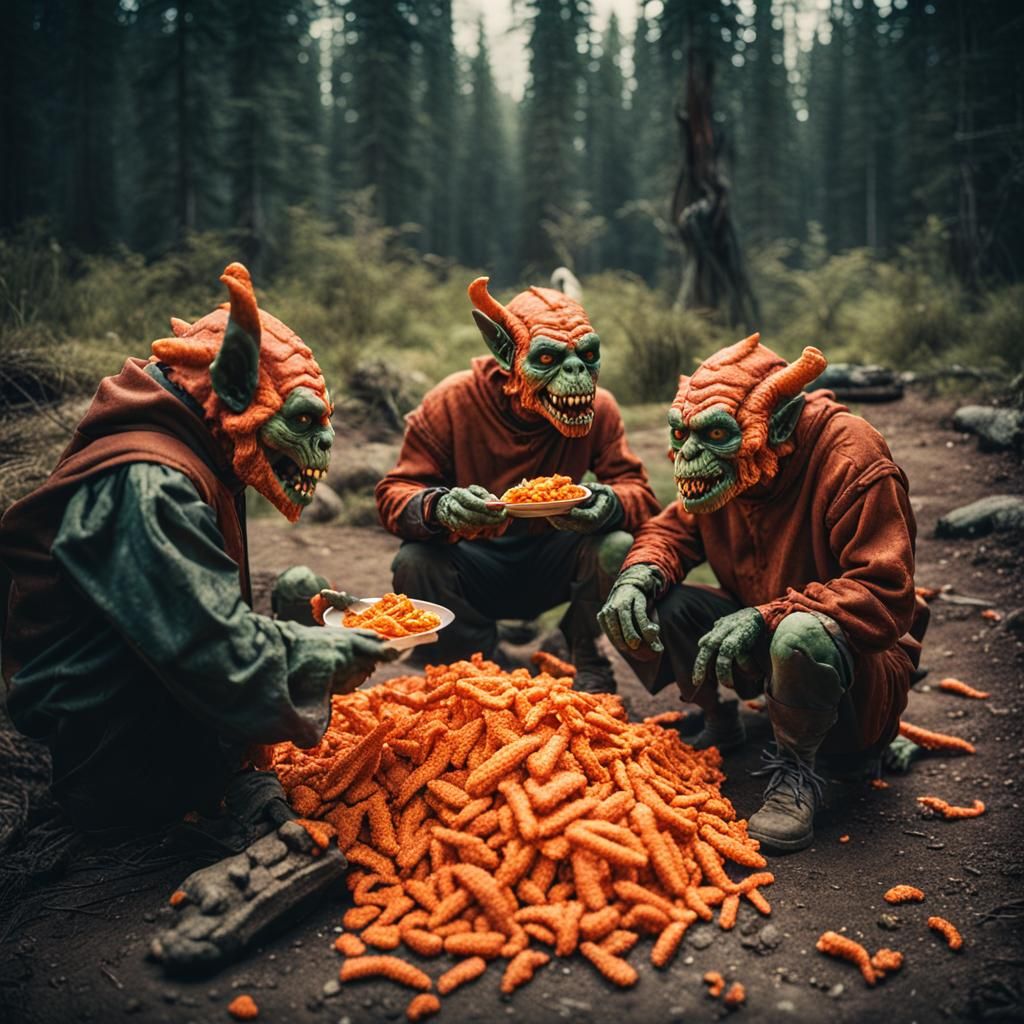 Goblins Enjoying Cheetos: A Cinematic Film Still