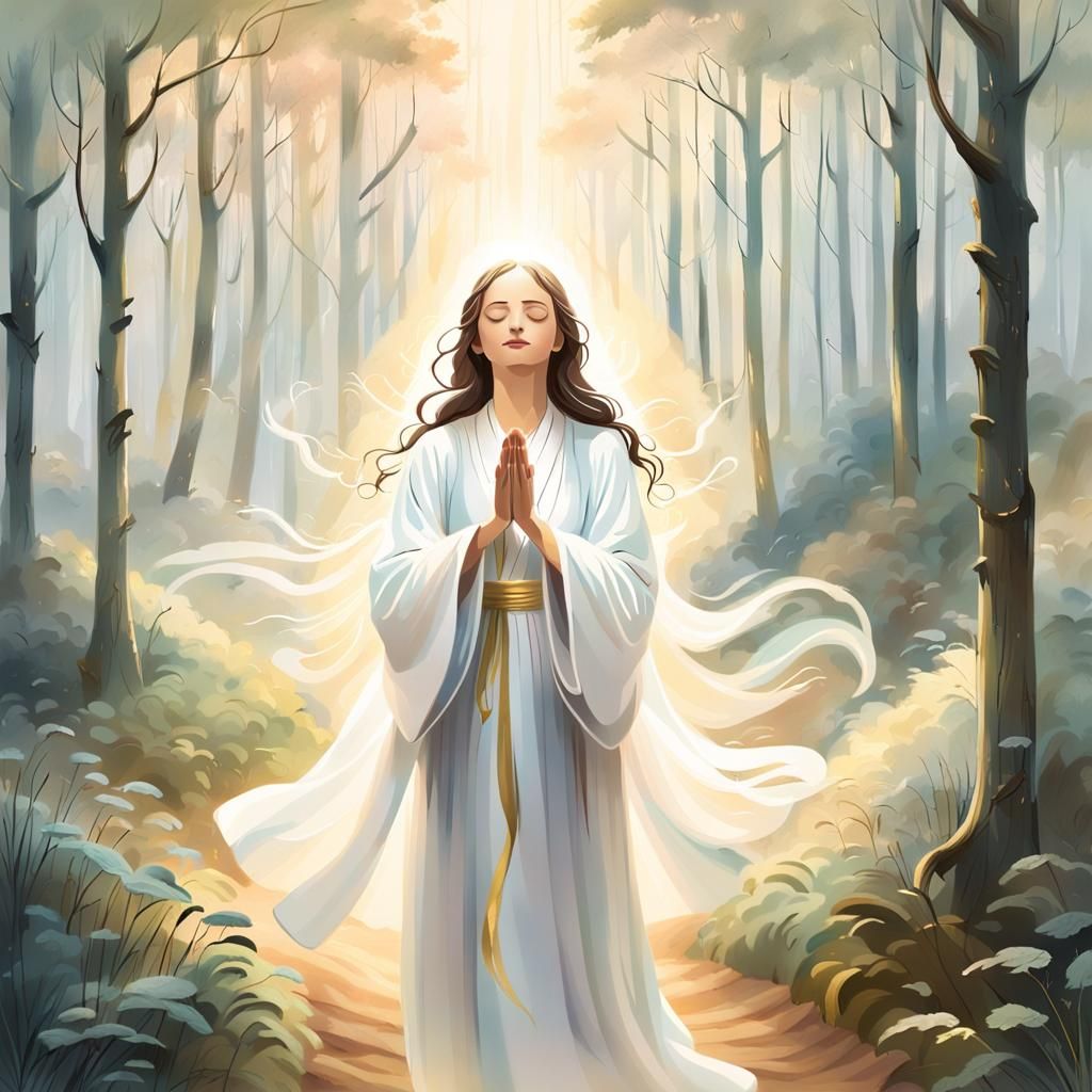 Woman Praying at Forest Path in Kinkade Style
