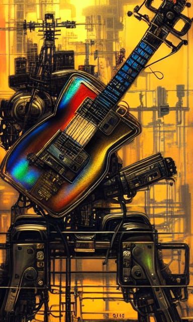 Robot Guitar Factory in Steampunk Cyberpunk Style