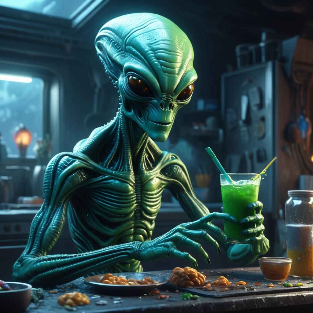 Realistic Alien in Everyday Life: Detailed Matte Painting