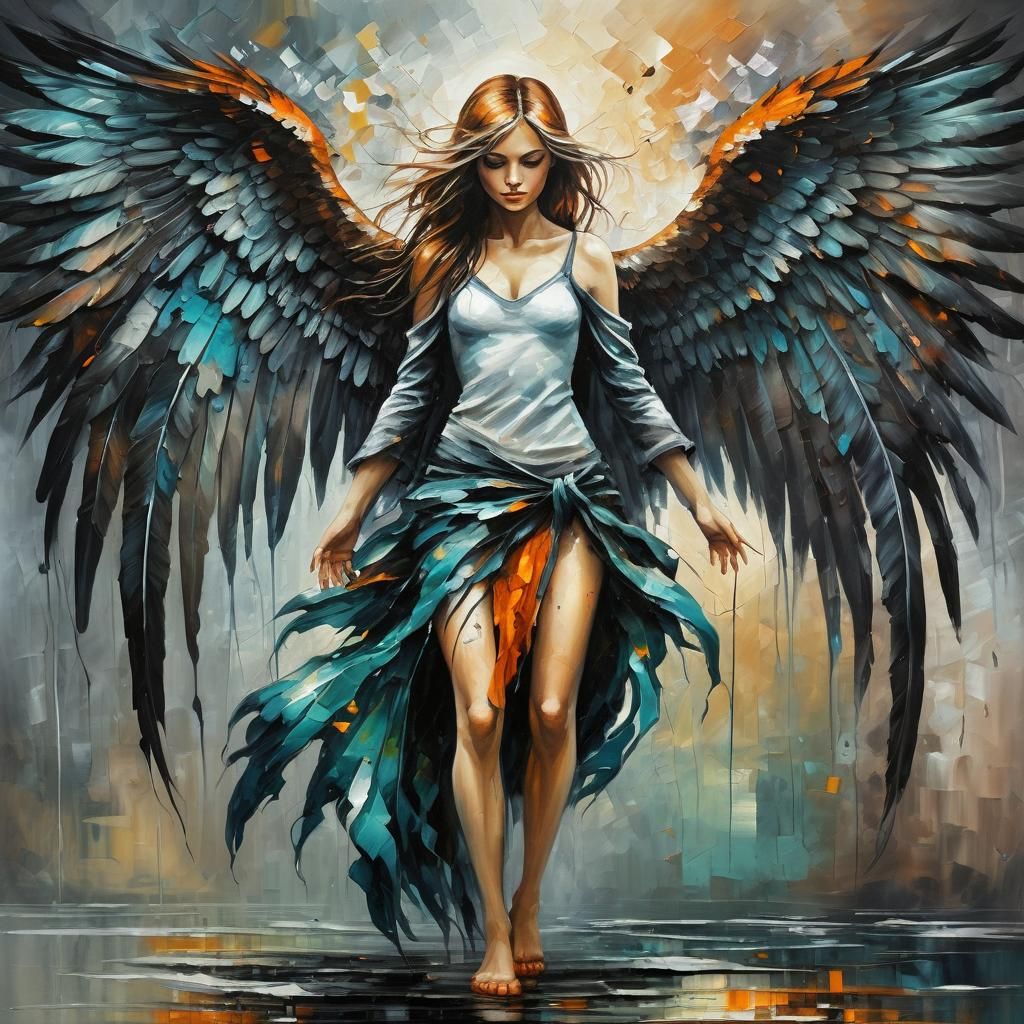 Dark Angel in Gothic Cracked Oil Painting Style
