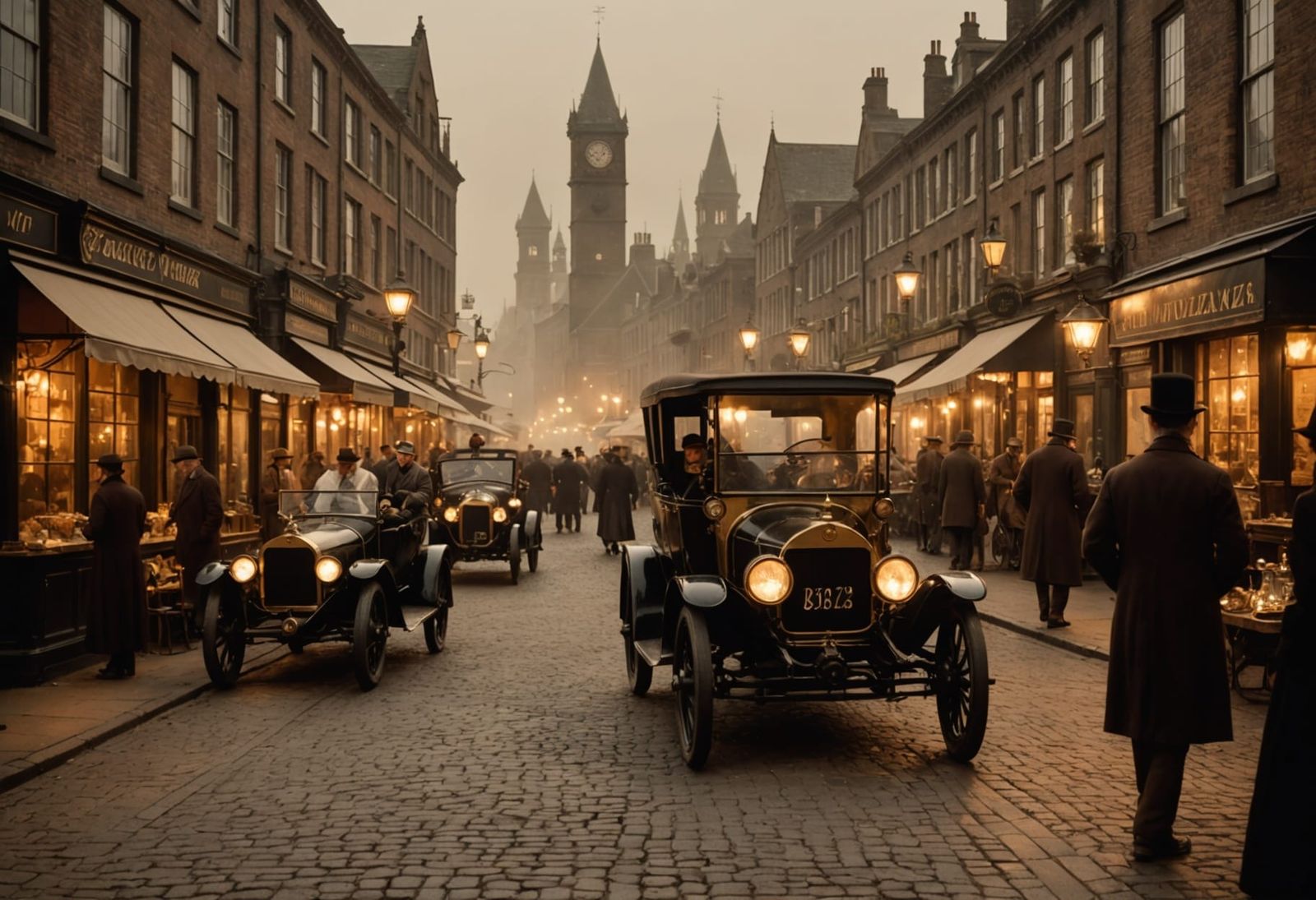 Victorian Market Dusk with Steam Car in Sepia Tones