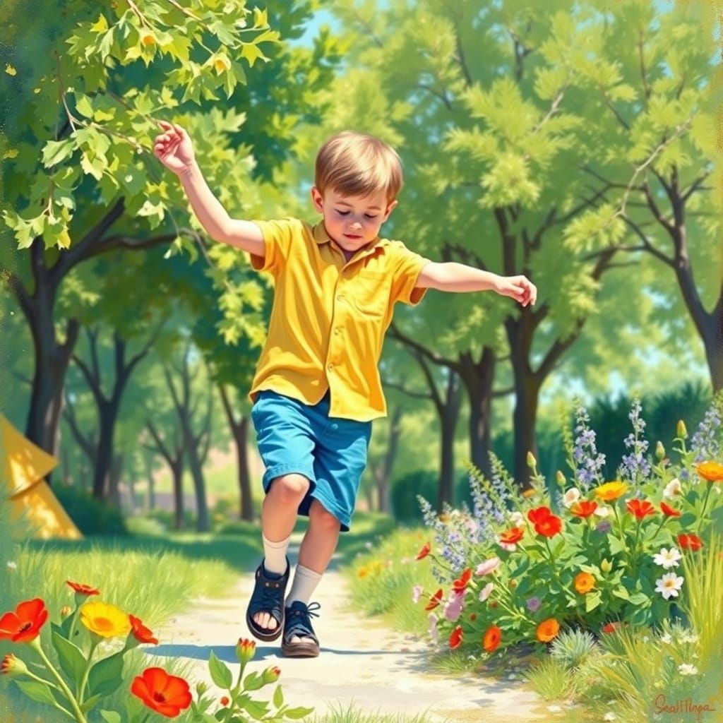 Boy Playing in Sunny Garden: Impressionist Style