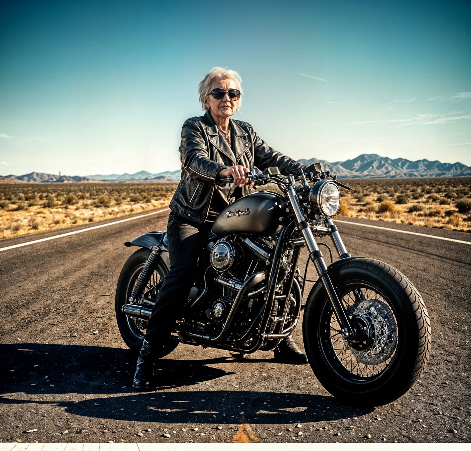 Grandma on Harley in Desert, Photorealistic Film Still
