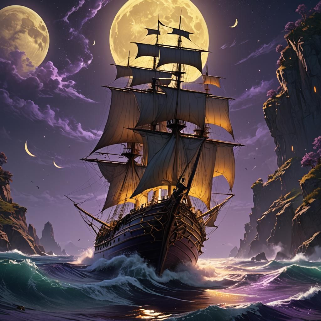 Magical Moonlight Sailing: Dark Fantasy Concept Art