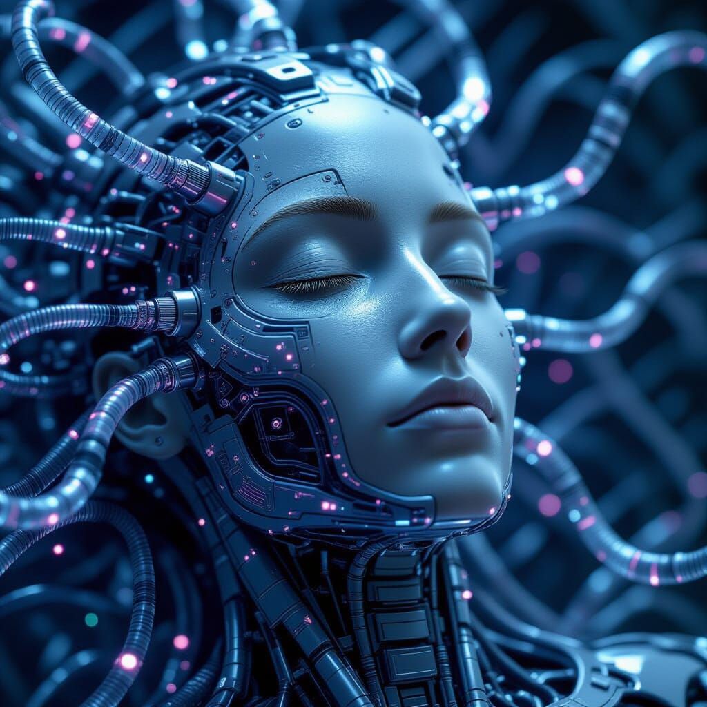 Giger-Inspired Biomechanical Face Merged with Neural Web