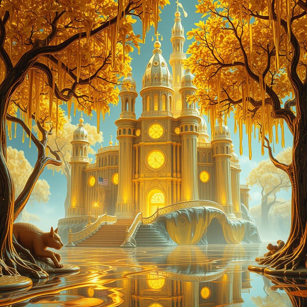 Surreal Golden Castle With Liquid Elements