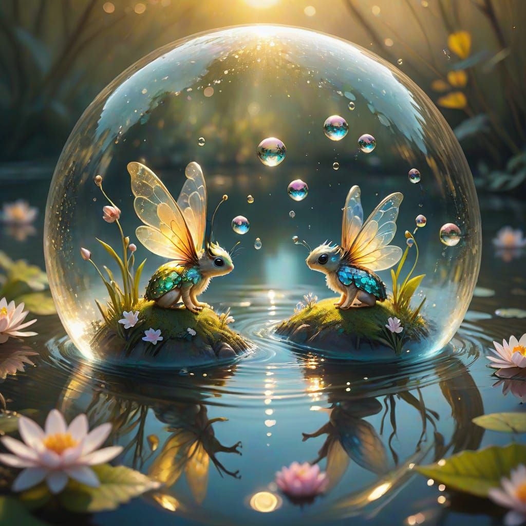 Fairy-Tale Creatures in Floating Bubble: Surreal River Art