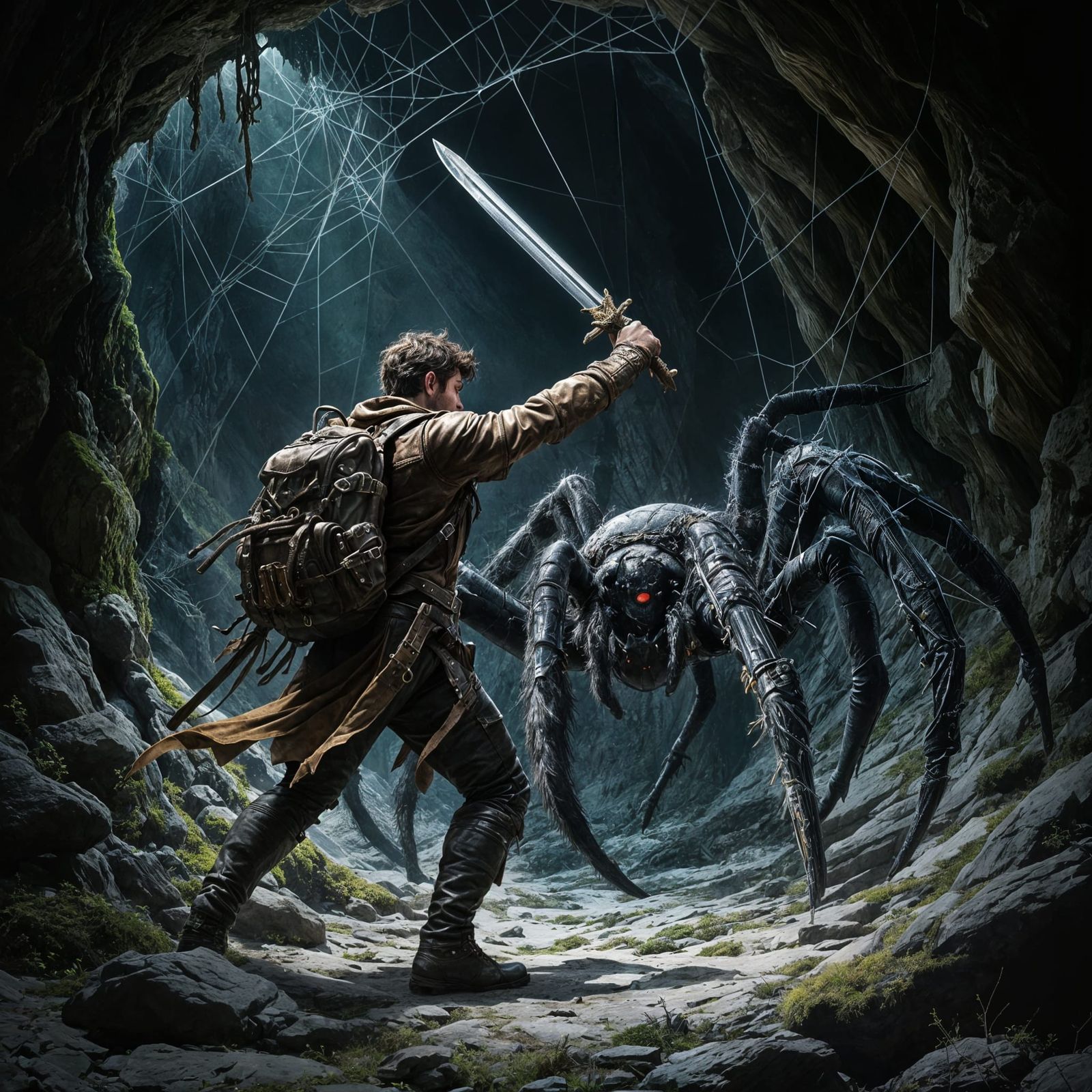 Adventurer Battles Giant Spider in Dark Cave
