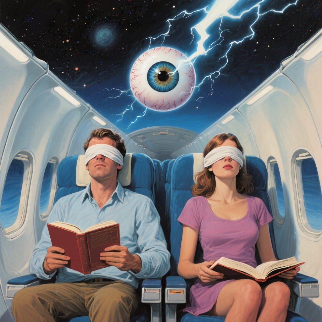 Surreal Airplane Scene with Floating Eyeball, 80s Airbrush S...