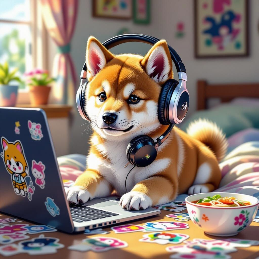 Shiba Inu Puppy's Digital World: A Photorealistic Painting