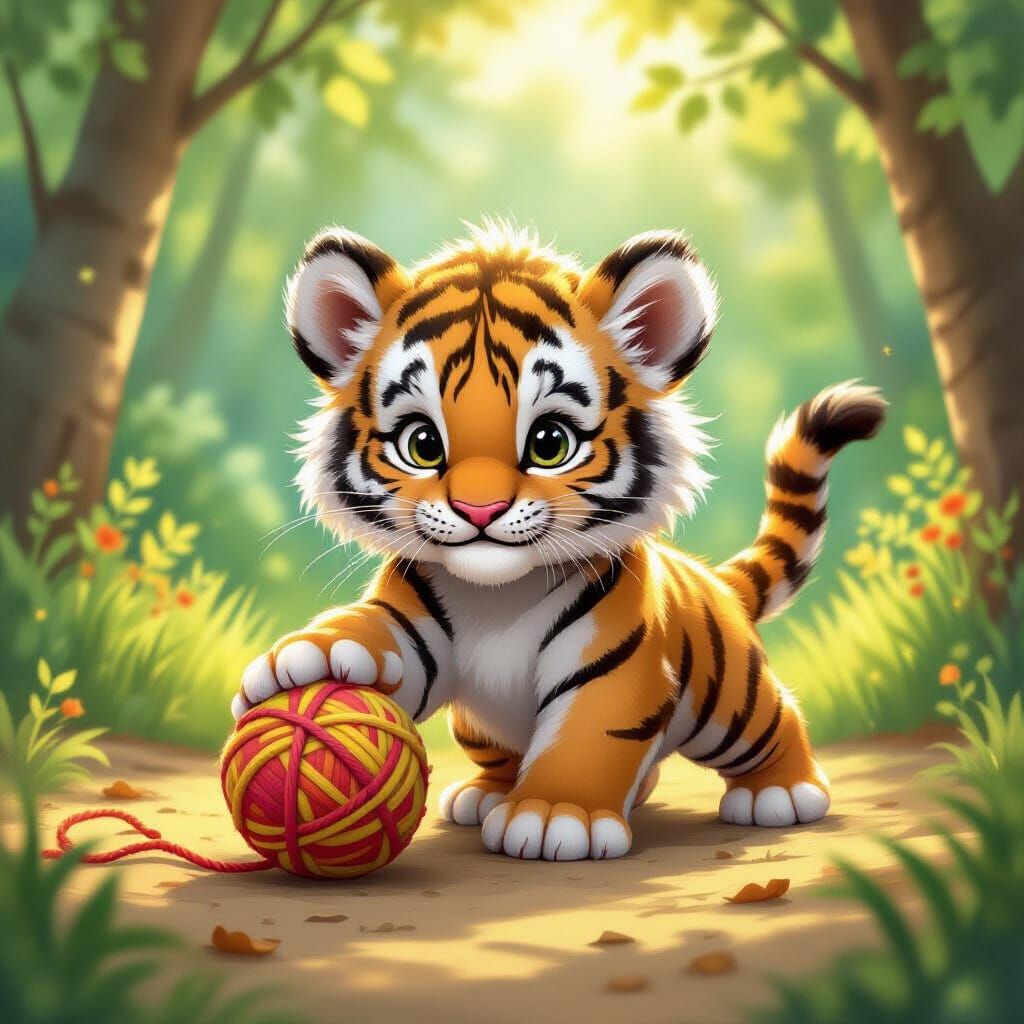 Adorable Tiger Cub Plays with Yarn Ball in Forest