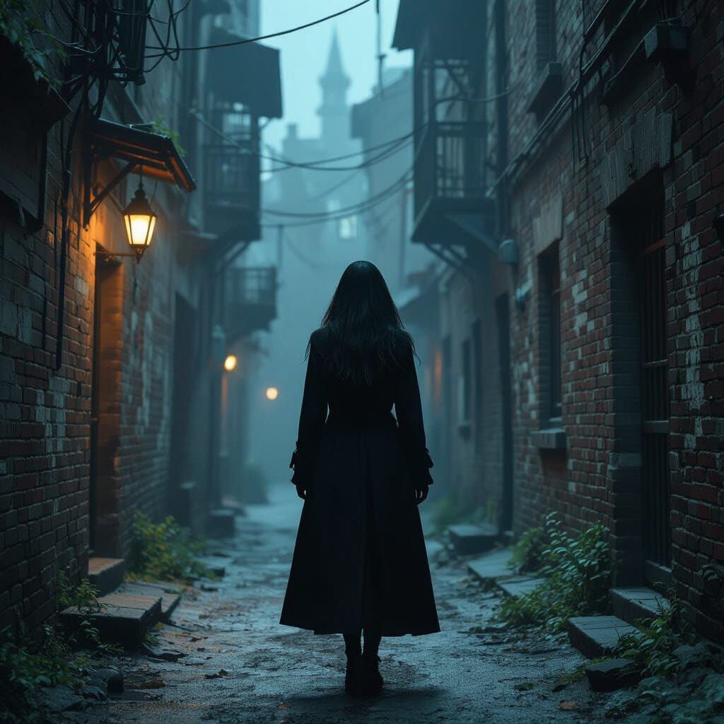Mysterious Woman in Alleyway: Dark Fantasy Art