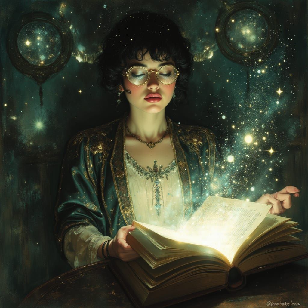 Celestial Librarian in Cosmic Surrealism with Art Nouveau De...