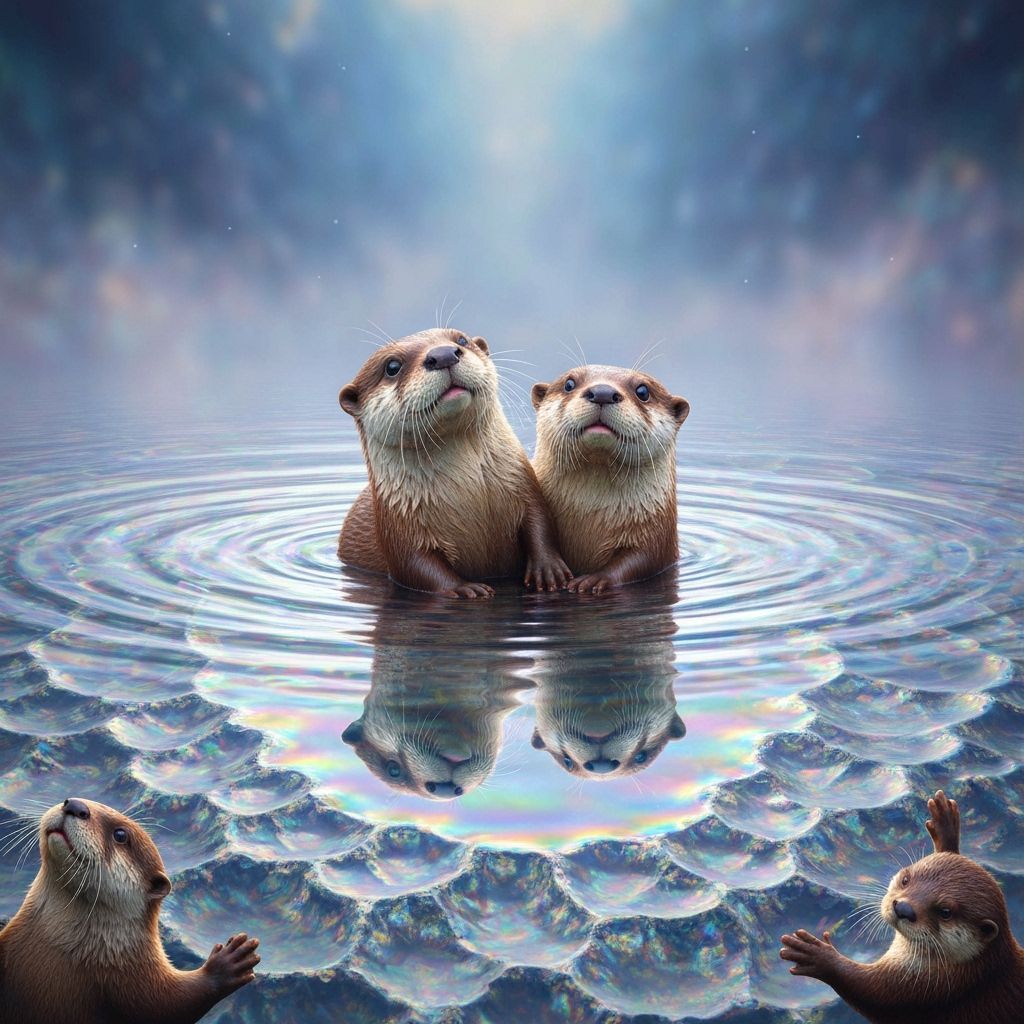 Infinite Moonstone Otters Swimming in Iridescent Water