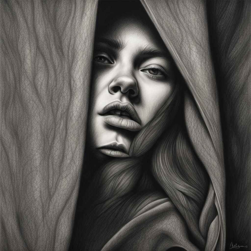 Hyperdetailed Charcoal Drawing of a Woman Hiding