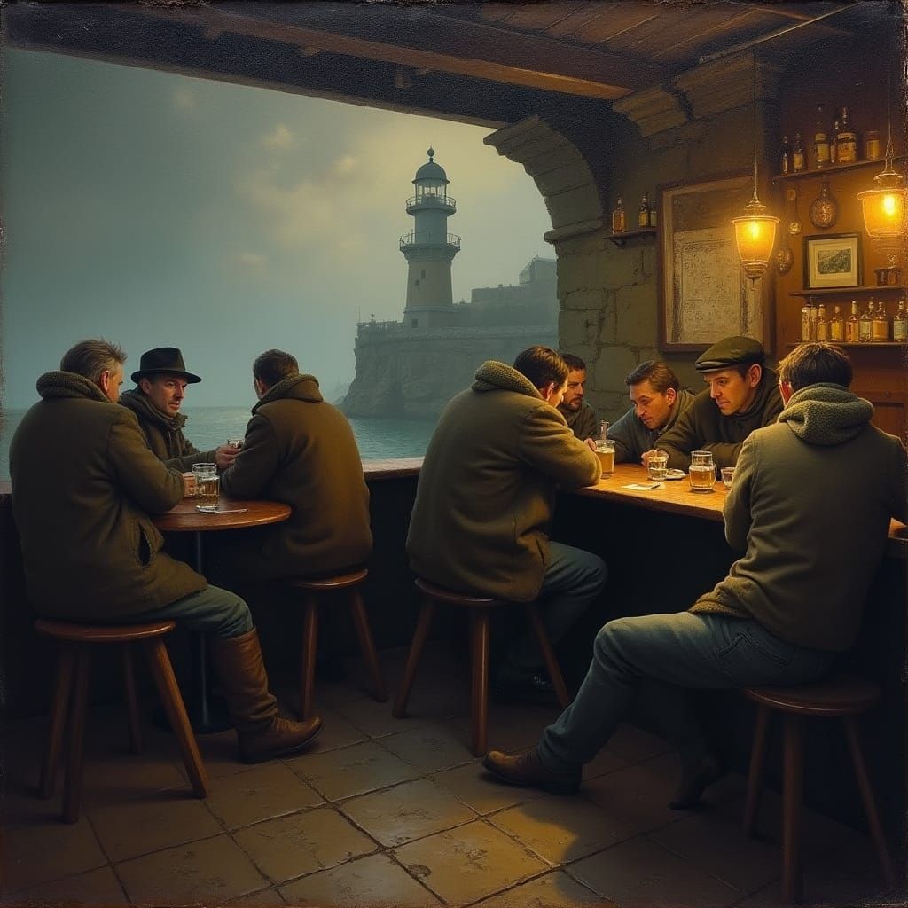 Fishermen in Harbour Pub: Nostalgic American Painting