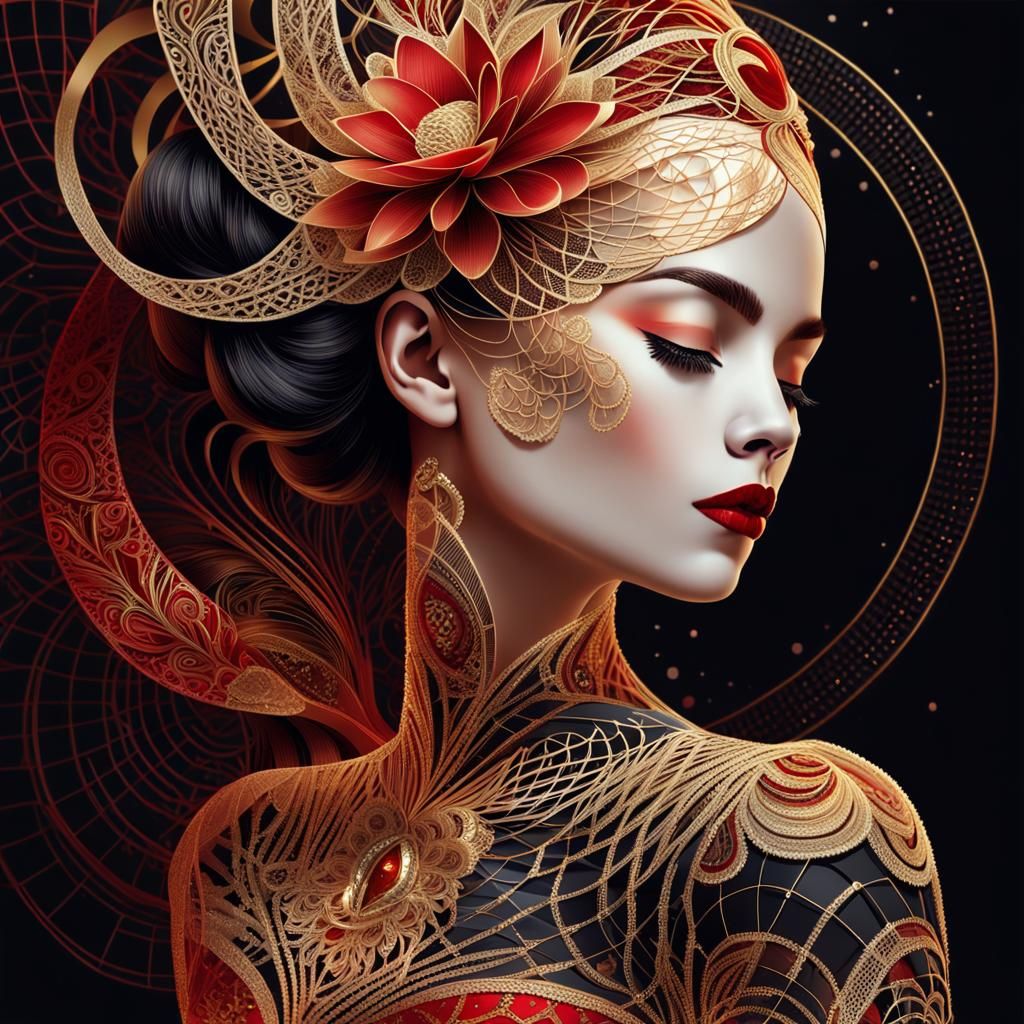 Abstract Spirograph Woman with Golden Lips in Vector Art