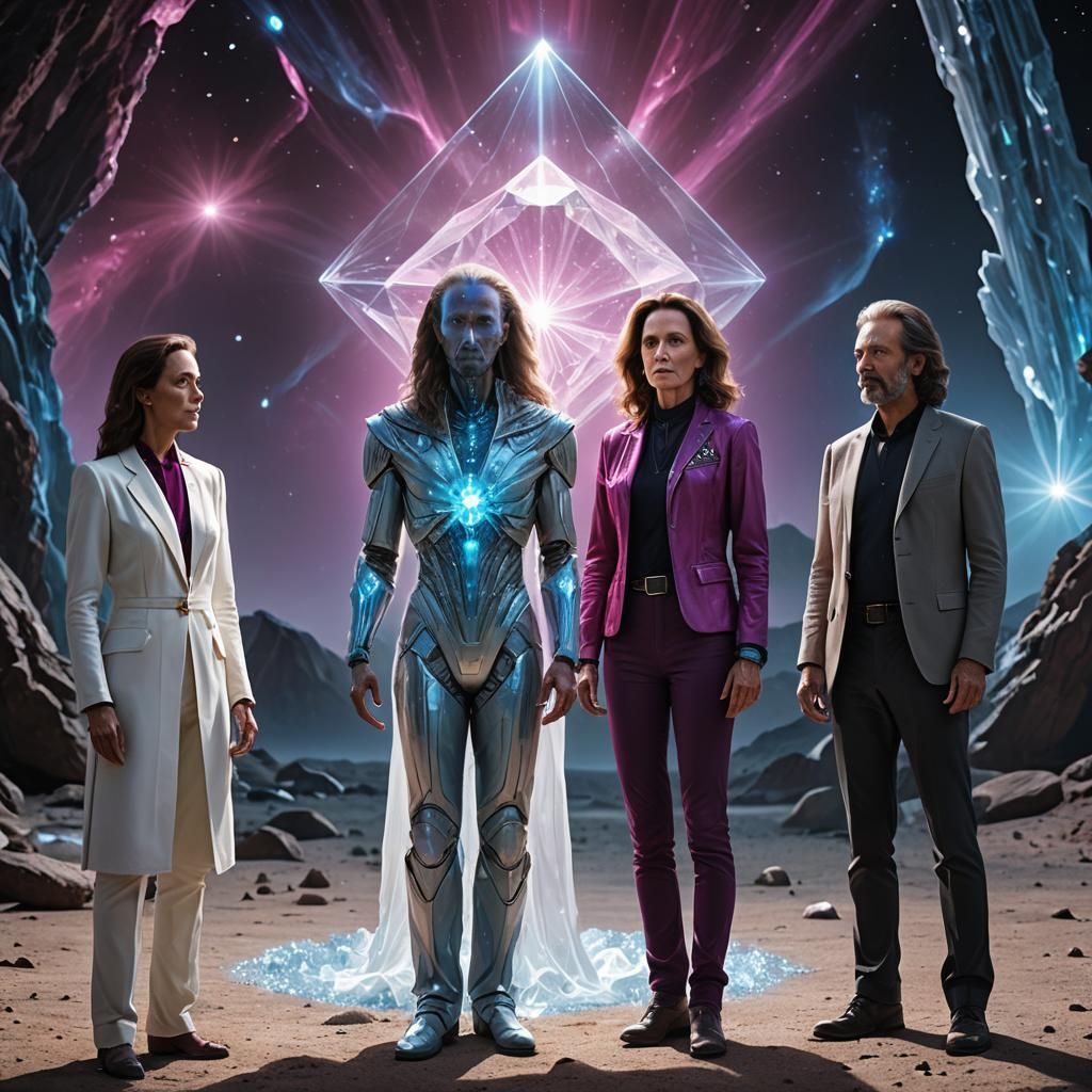 Extraterrestrials Gaze at Crystalline Diamond in Hyperrealis...