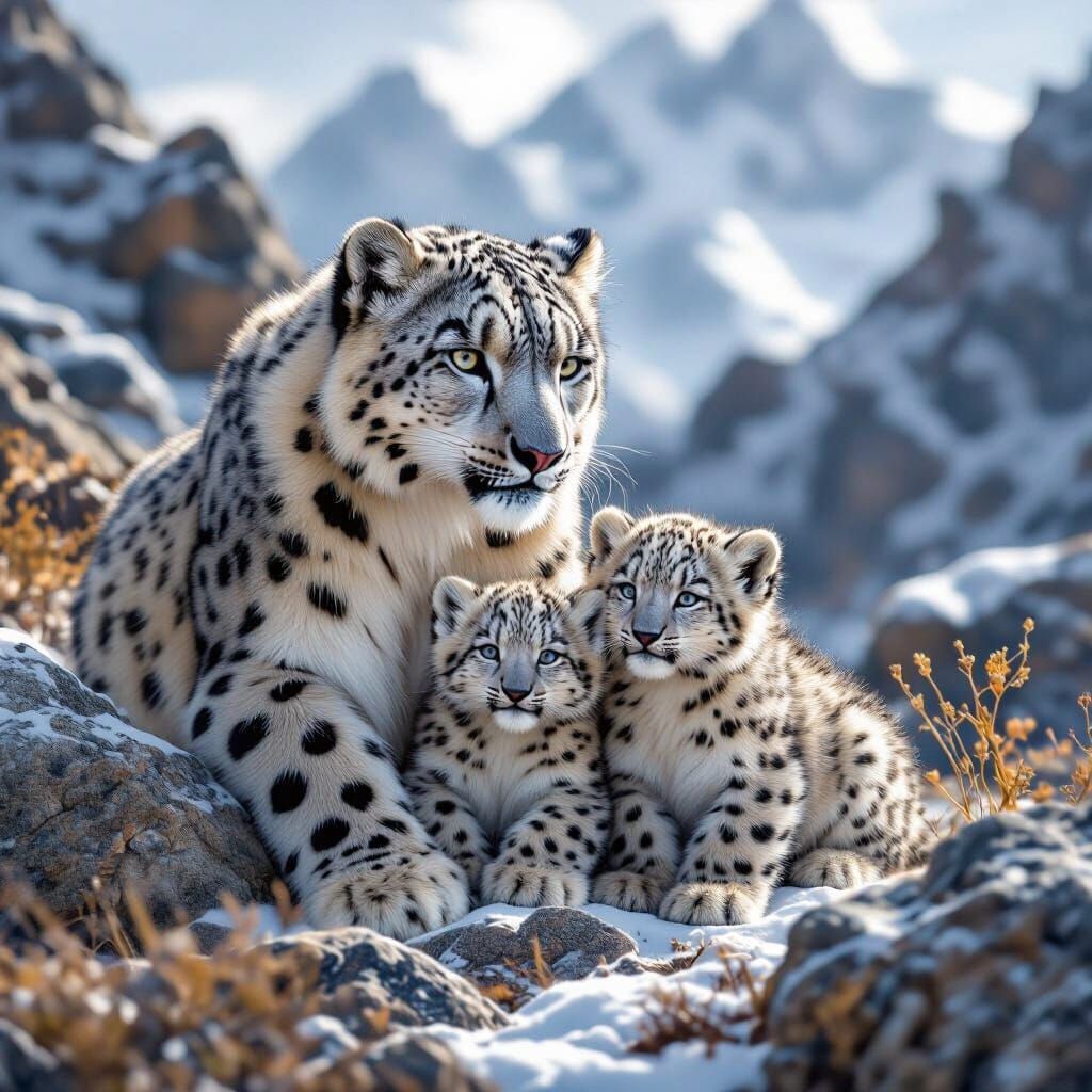 Une panthère des neiges et ses petits.