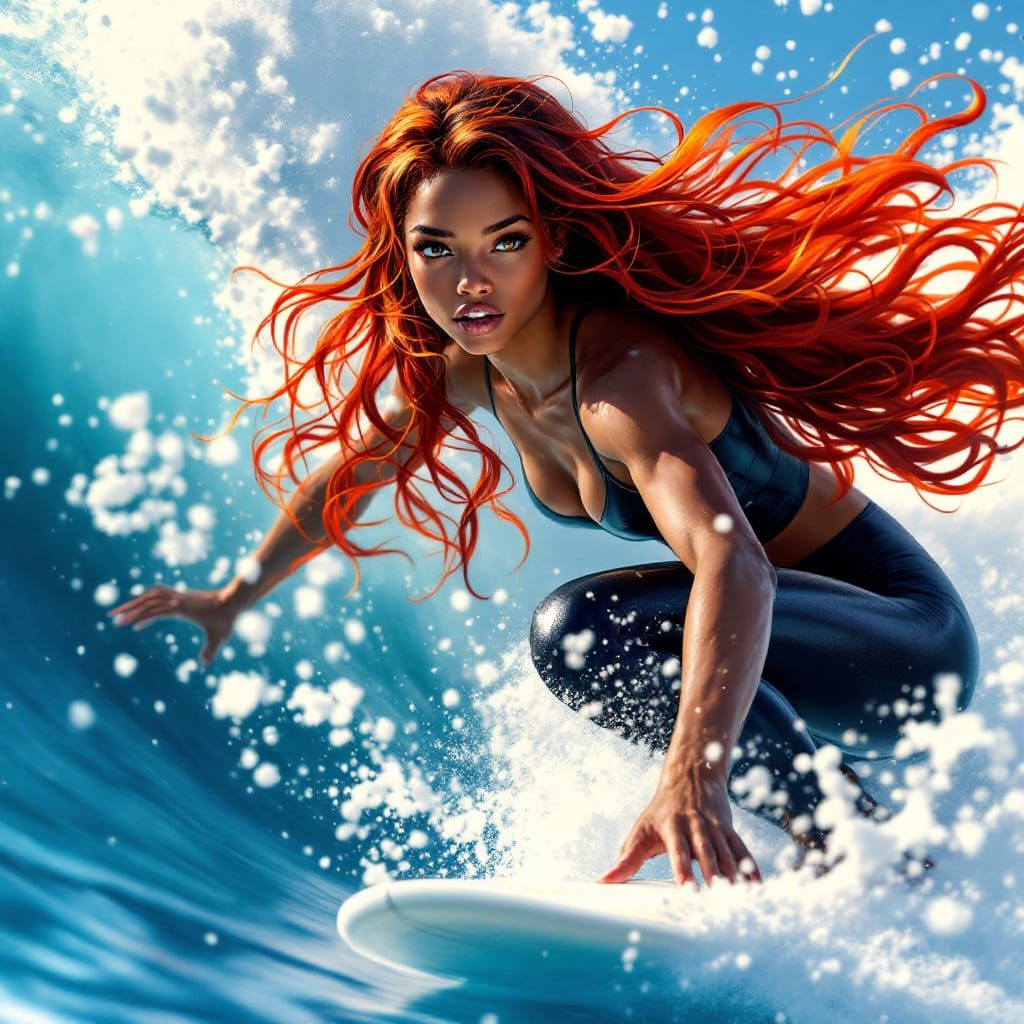 Woman Surfing a Huge Wave in Hyper-Realistic Style
