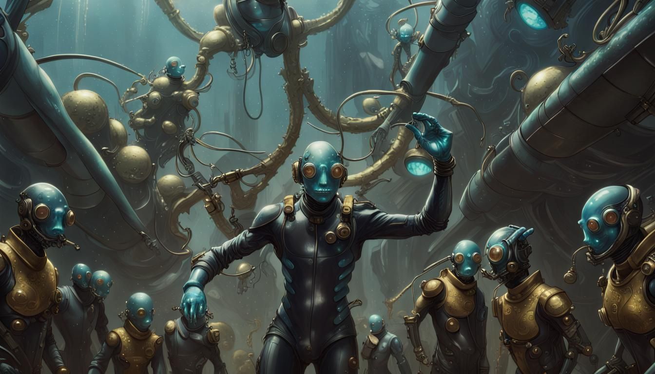 Panoramic Bioluminescent Abe Sapien Squadron in Diving Suits
