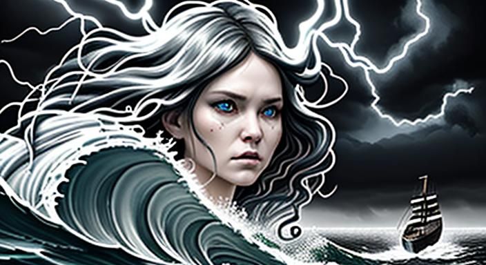 a whispy beautiful ethereal angry goddess face in clouds in the sky blowing a sttorm on a tiny boat in the sea in a dark...